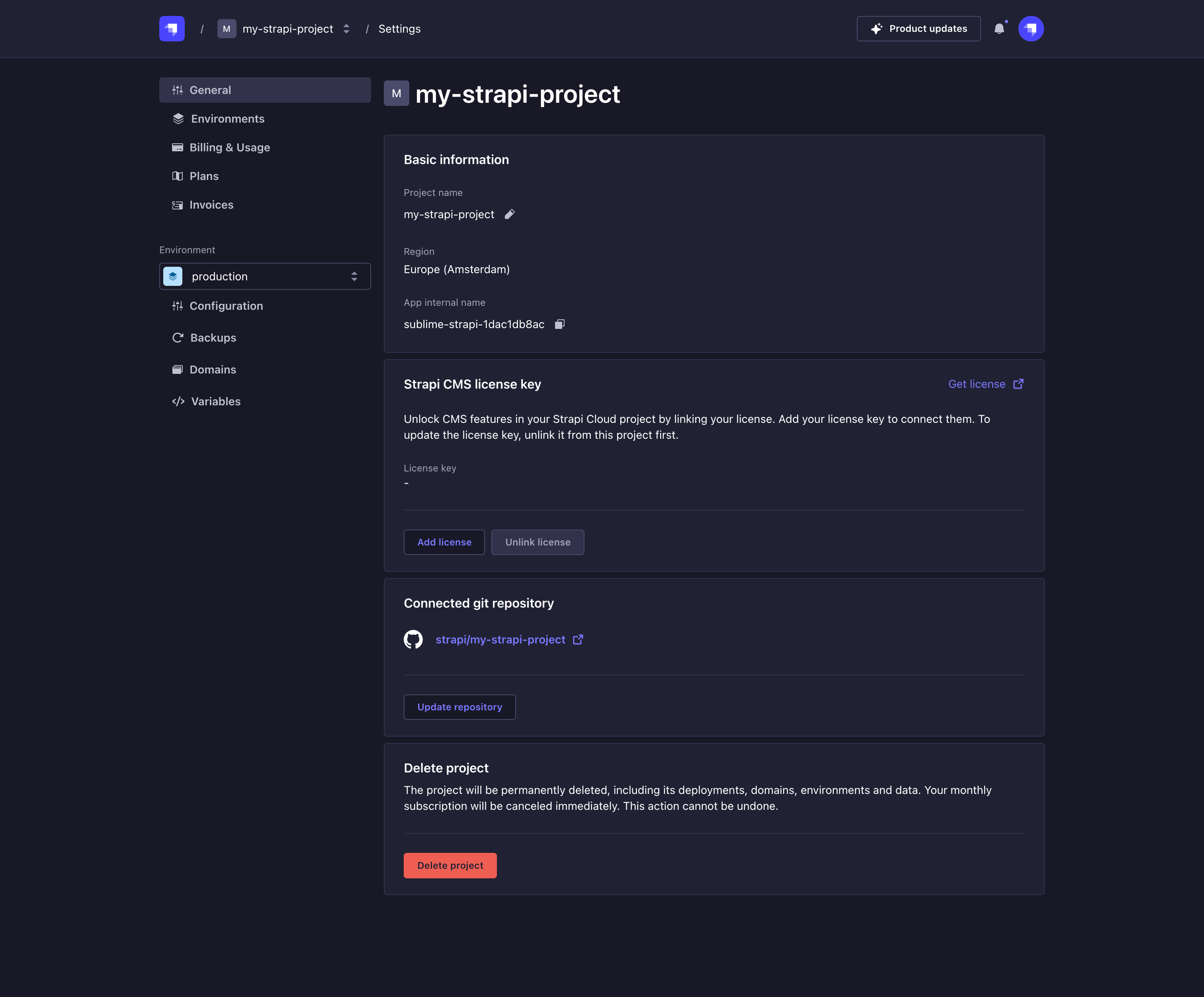 Project settings page